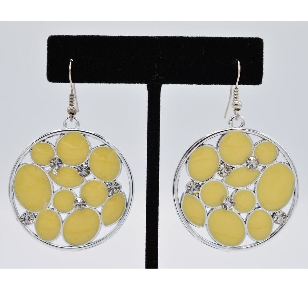 Statement Dangle Earrings Rhinestone Silver Mellow Yellow Enamel Cream BinAA